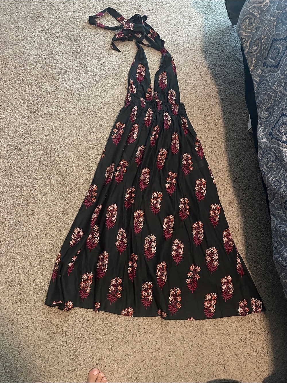 J. Crew Black Halter Maxi Dress with Pink Floral Print